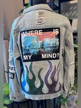 Distressed Light Wash Denim Jacket with Graphic Back - Where Is My Mind?